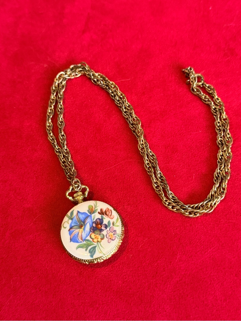 Gold Floral Enamel Pendant/Clock Necklace with Blue Flower